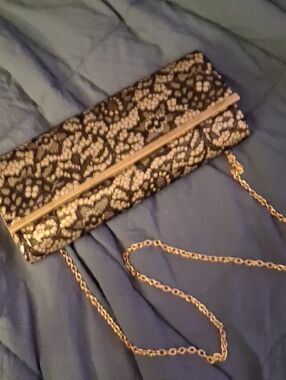 Elegant Black and Gold Lace Clutch with Chain Strap